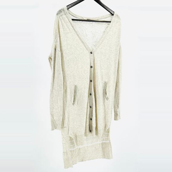 Free People Oatmeal Cream Boho Lace Back Longline Oversized Cardigan - Picture 1 of 8